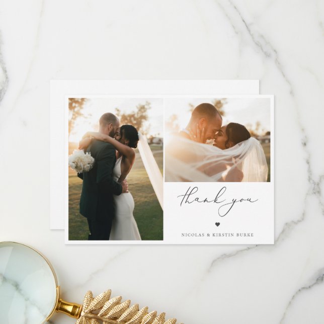 Modern Boho Script Wedding Photo Thank You Card (Front/Back In Situ)