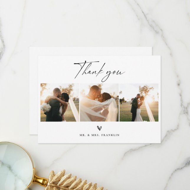Modern Boho Script Wedding Photo Thank You Card (Front/Back In Situ)