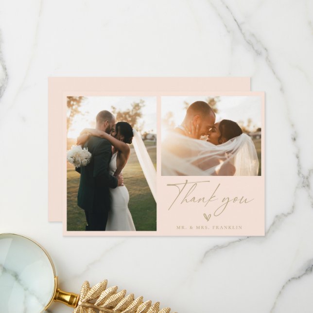 Modern Boho Script Wedding Photo Thank You Card (Front/Back In Situ)