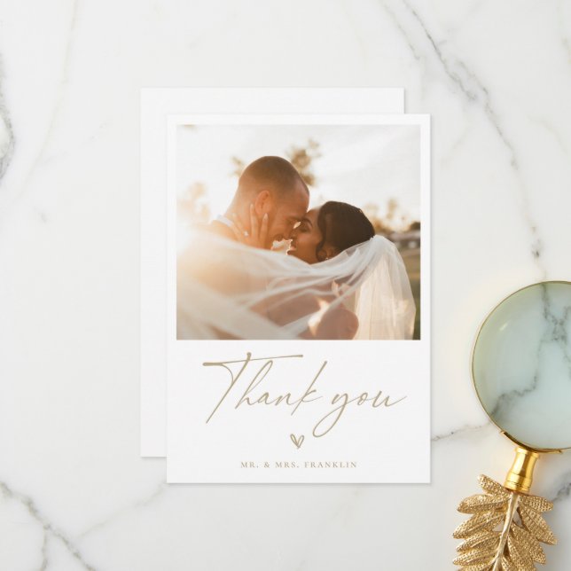 Modern Boho Script Wedding Photo Thank You Card (Front/Back In Situ)