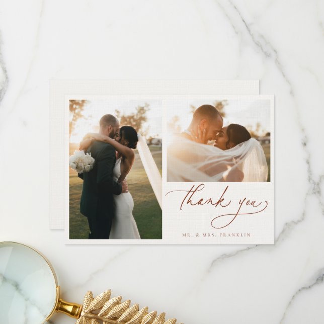 Modern Boho Script Wedding Photo Thank You Card (Front/Back In Situ)