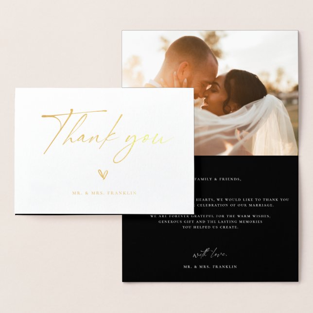 Modern Boho Script Wedding Photo Thank You Foil Card (Display)