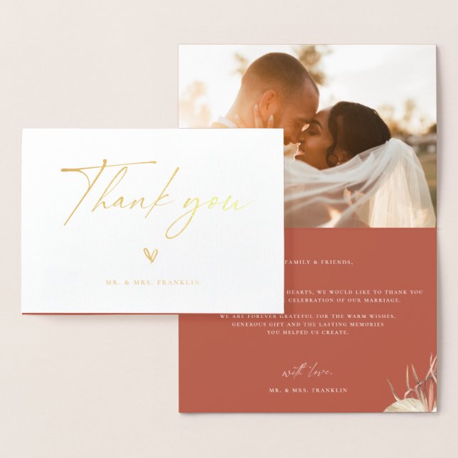 Modern Boho Script Wedding Photo Thank You Foil Card (Display)