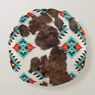 Modern Boho Southwest Cowhide Aztec Pattern Round Cushion