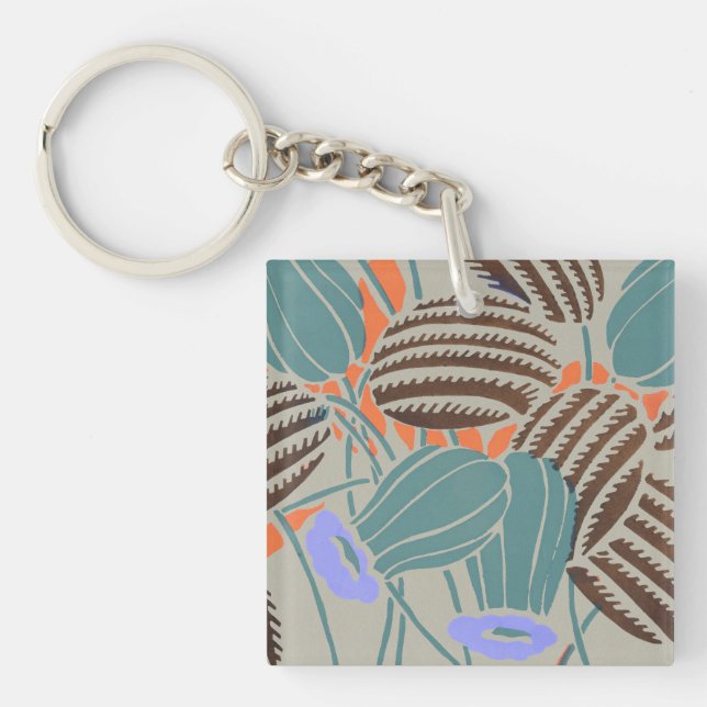 Modern Boho Teal & Lavender Floral Decor Key Ring (Front)