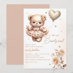 Modern Boho Teddy Bear Balloon Girl Baby Shower Invitation
