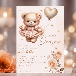 Modern Boho Teddy Bear Balloon Girl Baby Shower  Invitation