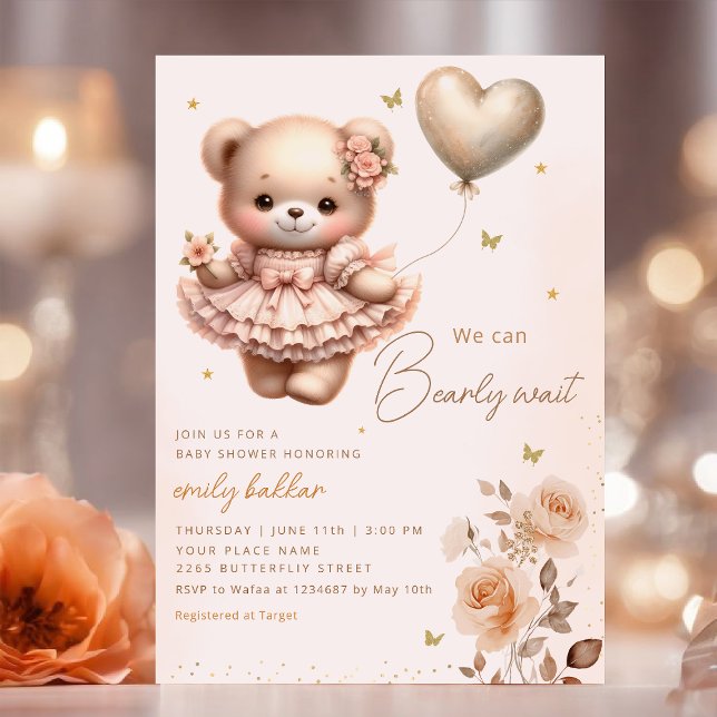Modern Boho Teddy Bear Balloon Girl Baby Shower  Invitation (Creator Uploaded)