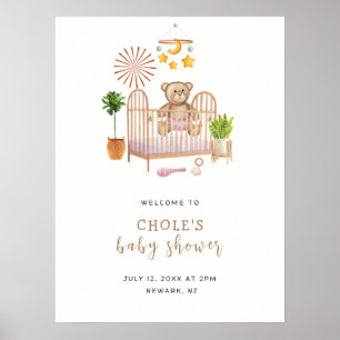 Modern Boho Teddy Bear Nursery Baby Shower Welcome Poster