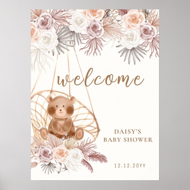 Modern Boho Teddy Bear Pampas Baby Shower Welcome Poster (Front)