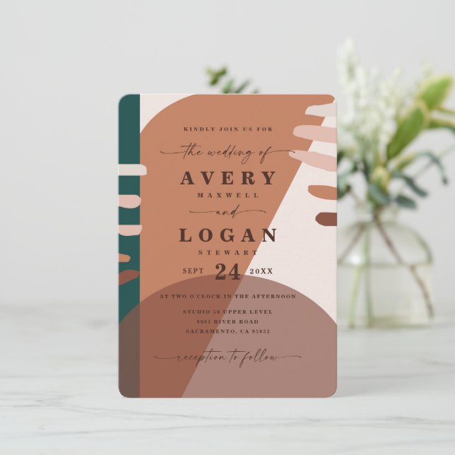 Modern Boho Terracotta Abstract Shapes Wedding Invitation (Standing Front)