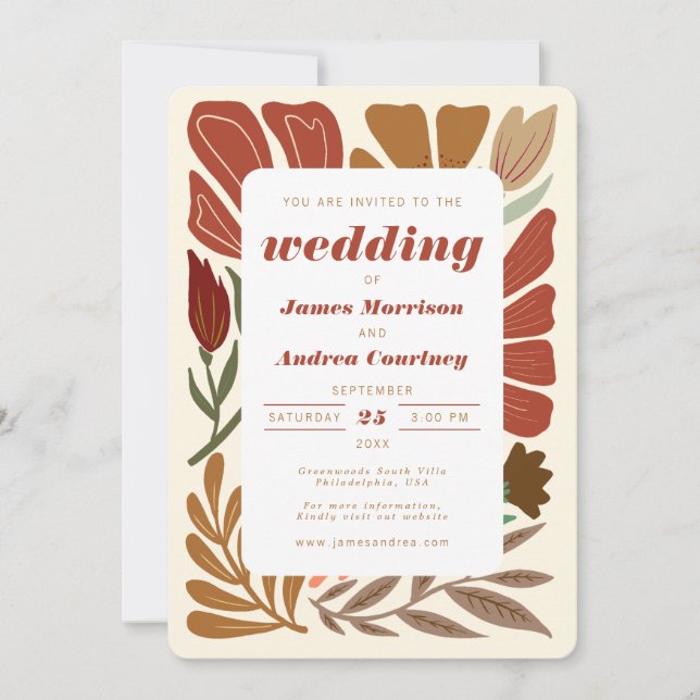 Modern Boho Terracotta Fall Floral Wedding Invitation (Front)