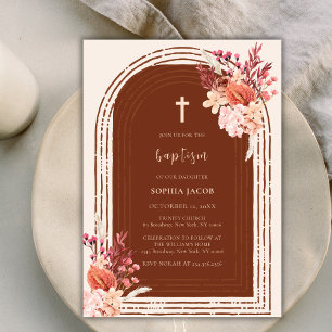 Modern Boho Terracotta Floral Arch Cross Baptism Invitation