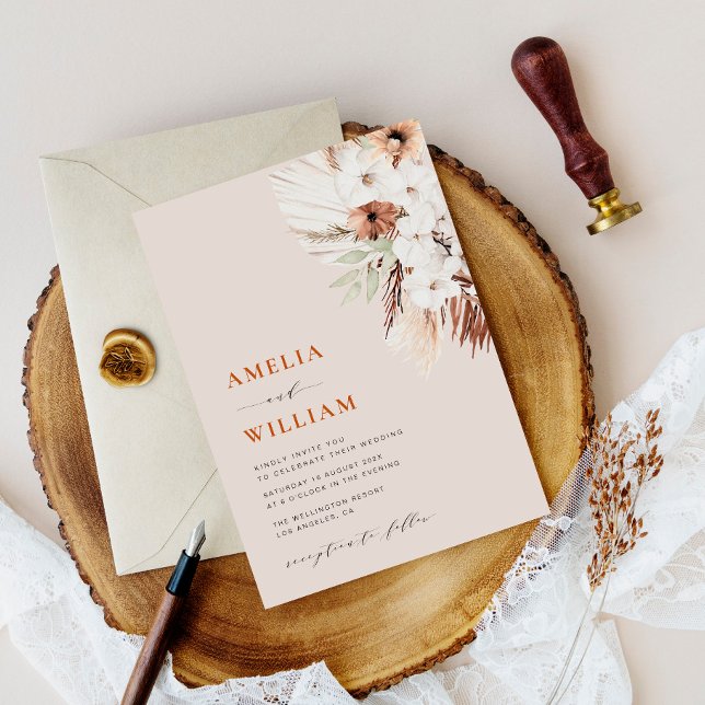 modern boho terracotta pampas grass wedding invitation (Creator Uploaded)
