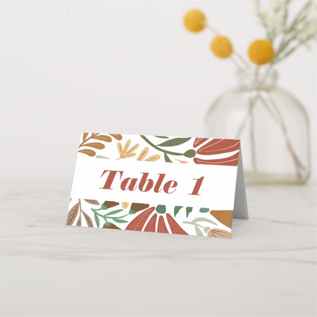 Modern Boho Terracotta Retro Floral Wedding Table Place Card (Front)