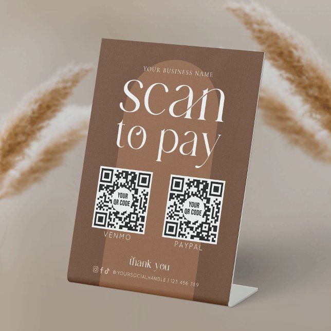 Modern Boho Terracotta Scan To Pay 2 QR Codes Pedestal Sign (Trendy boho scannable payment sign with space for 2 QR codes, featuring editable terracotta theme)