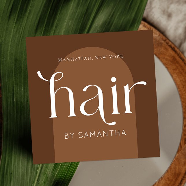 Modern Boho Terracotta Unique Hair Stylist Salon Square Business Card (Modern bohemian hair salon business cards with terracotta background and elegant fonts)
