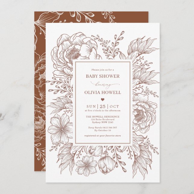 Modern Boho Terracotta White Flower Baby Shower Invitation (Front/Back)