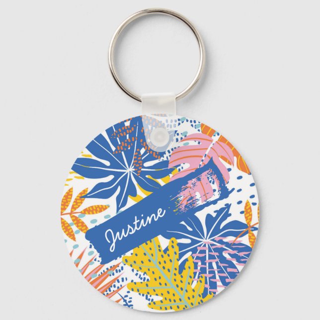 Modern Boho Tropical Jungle Palm Leaves Key Ring (Front)