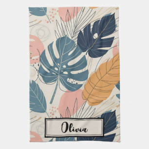 Modern Boho Tropical Leaves Abstract Tea Towel