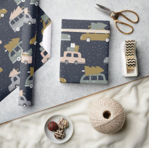 Modern Boho Vintage Car and Christmas Tree Pattern Wrapping Paper
