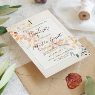 Modern Boho Watercolor Autumn Leaves Girl Baptism Invitation