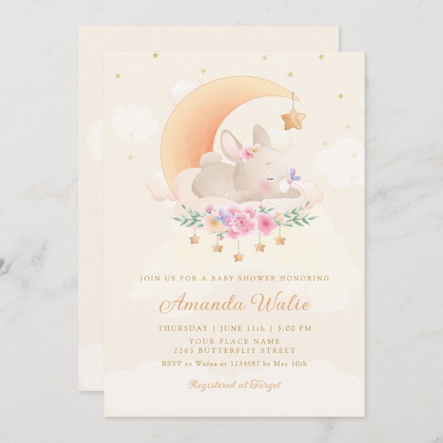 Modern Boho Watercolor Cute Bunny Girl Baby Shower Invitation (Front/Back)