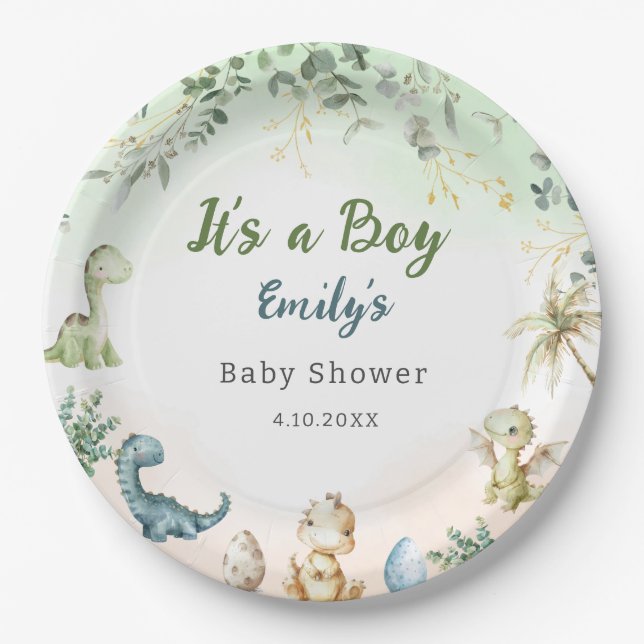 Modern Boho Watercolor Dinosaur Greenery Boy Paper Plate (Front)