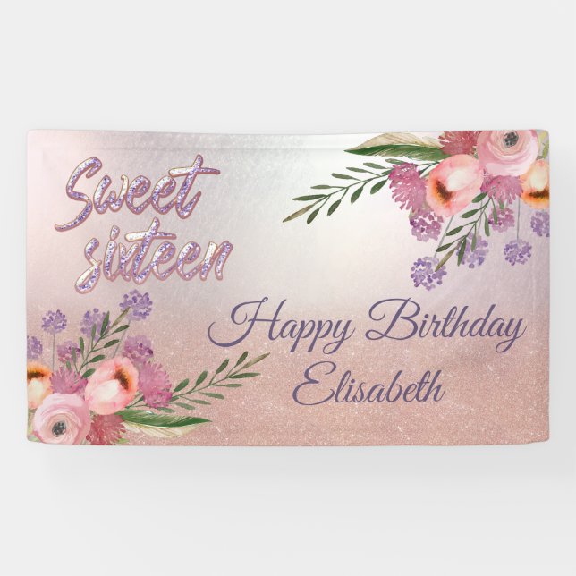 Modern boho watercolor floral  sweet 16 party  banner (Horizontal)