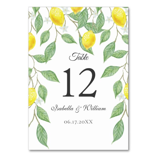 Modern Boho Watercolor Lemon Summer Wedding Table Number (Front)