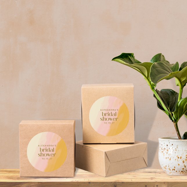 Modern Boho Watercolor Pink Yellow Bridal Shower  Classic Round Sticker (Creator Uploaded)