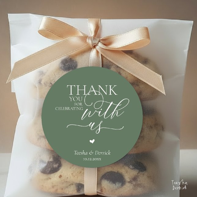 Modern Boho Wedding Cute Heart Thank You Gifts  Classic Round Sticker (Modern Boho Wedding little Cute Heart Huge Love Thank You Gifts Classic Round Sticker in Sage Green)