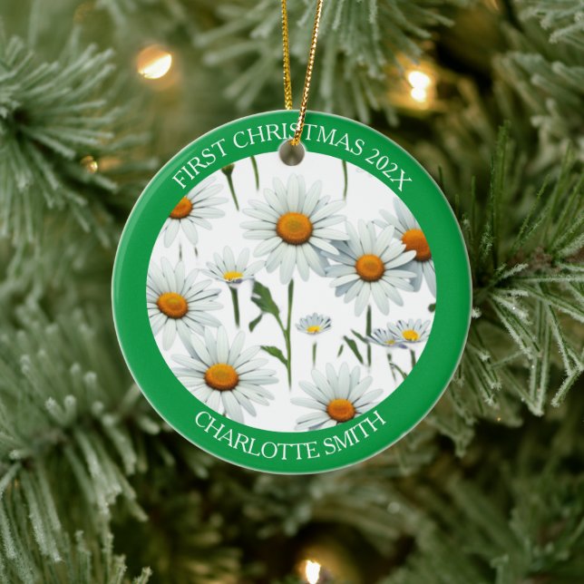 Modern Boho White Daisy Floral First Christmas Ceramic Ornament (Tree)