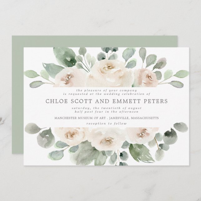 Modern Boho White Rose Floral Wedding Invitation (Front/Back)
