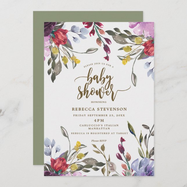 modern boho wild flower baby shower invitation (Front/Back)