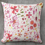 Modern Boho Wild Flower Watercolor Throw Pillow<br><div class="desc">Bright and happy watercolor wildflower and leaves painting of a wildly overgrown garden in red,  pink,  purple and yellow on a white background.  Original art by Nic Squirrell. 
Perfect for gardeners,  nature lovers,  artists and florists.</div>