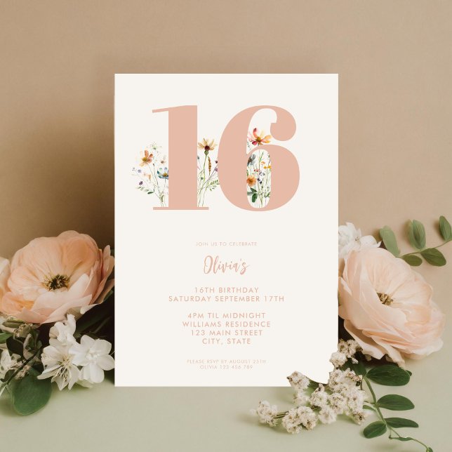 Modern Boho Wildflower Elegant 16th Birthday Invitation (Creator Uploaded)