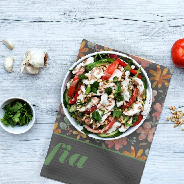 Modern boho wildflower pink yellow pattern grey tea towel (Creator Uploaded)