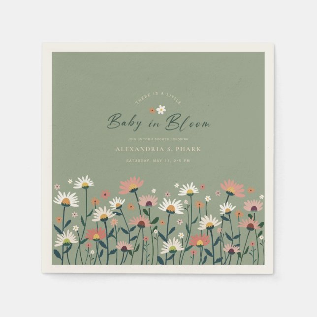 Modern Boho Wildflower Sage Baby in Bloom Shower Napkin (Front)