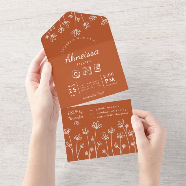 Modern Boho Wildflower Terracotta First Birthday All In One Invitation (Tearaway)