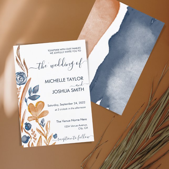 Modern Boho Wildflower Terracotta Navy Blue Invitation (Creator Uploaded)