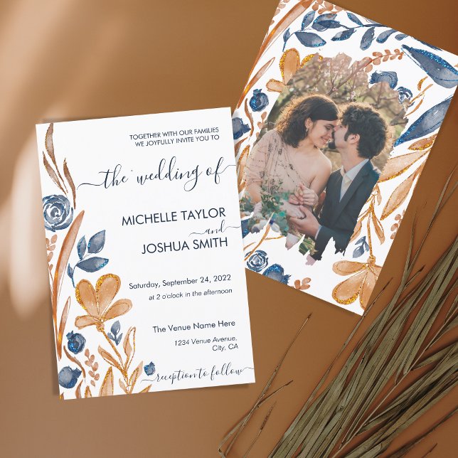 Modern Boho Wildflower Terracotta Navy Blue Invitation (Creator Uploaded)