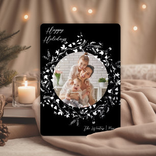 Modern Boho Wildflower Wreath Photo Silver Foil Holiday Card
