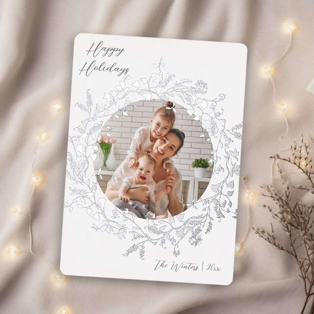 Modern Boho Wildflower Wreath Photo Silver  Foil Holiday Card (Creator Uploaded)