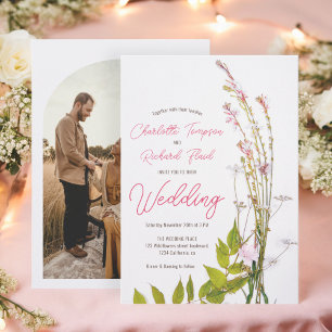 Modern boho wildflowers script photo invitation