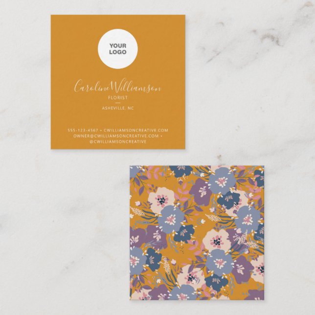 Modern Boho Yellow Floral Florist Logo Square Business Card (Front/Back)