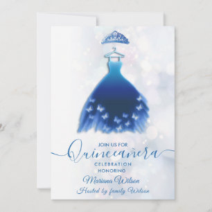 Modern bokeh blue butterfly dress tiara Quince Invitation