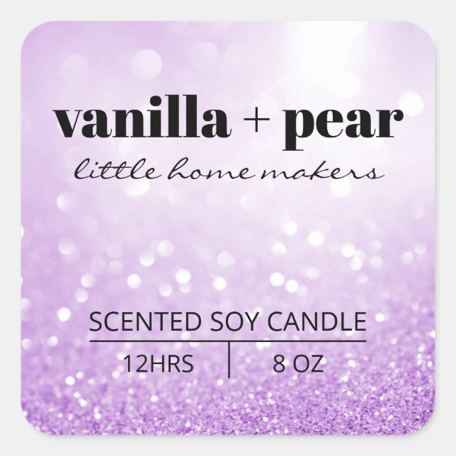 Modern Bokeh Glitter Pastel Purple Candle Labels (Front)
