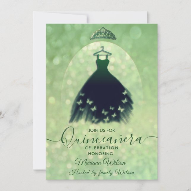 Modern bokeh green butterfly dress tiara Quince Invitation (Front)
