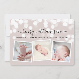 Modern Bokeh Lights 3 Photo Birth Announcement